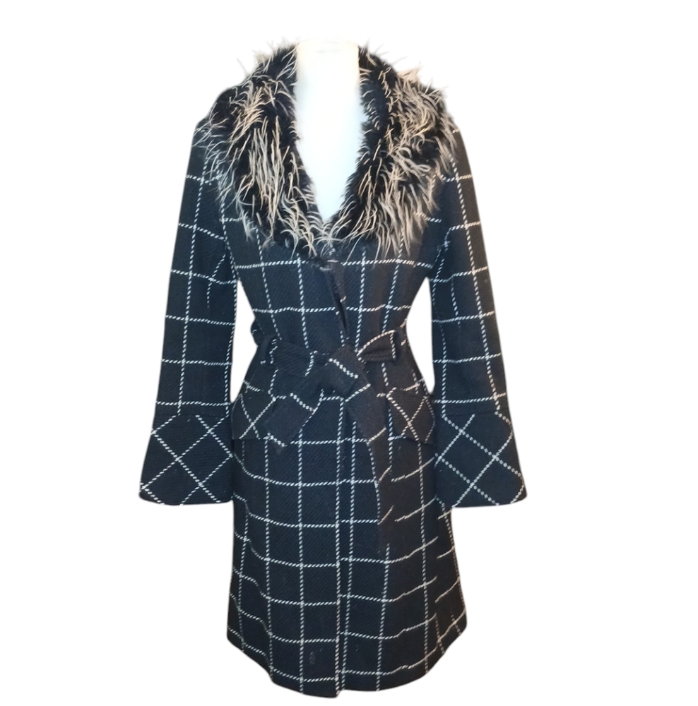 Frenchi Wool Winter Coat Long Black and White Checkered Belted Coat size Medium